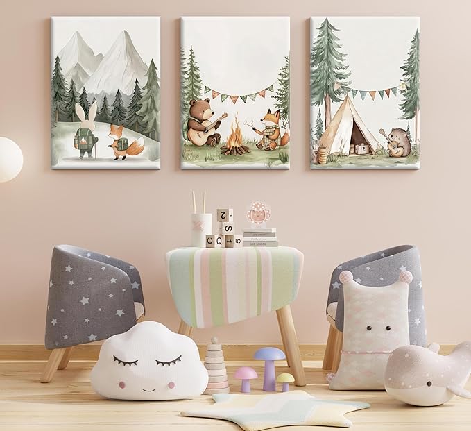 Woodland Animal Nursery Canvas Wall Art Fox Bear Rabbit Hedgehog Paintings Pictures Safari Nursery Wall Decor Forest Animals Camping Campfire Poster Print Artwork for Boys Kids Room Home Decoration