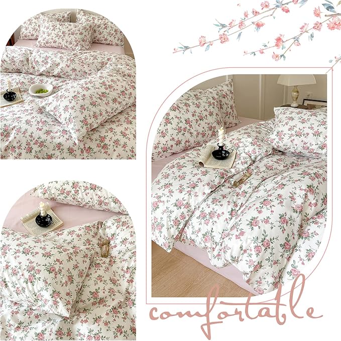 Girls Floral Duvet Cover Twin Pink White Floral Bedding Set Vintage Rose Flower Printed Duvet Cover Cotton Floral Comforter Cover Botanical Aesthetic Bedding Set 1 Twin Duvet Cover with 2 Pillowcases