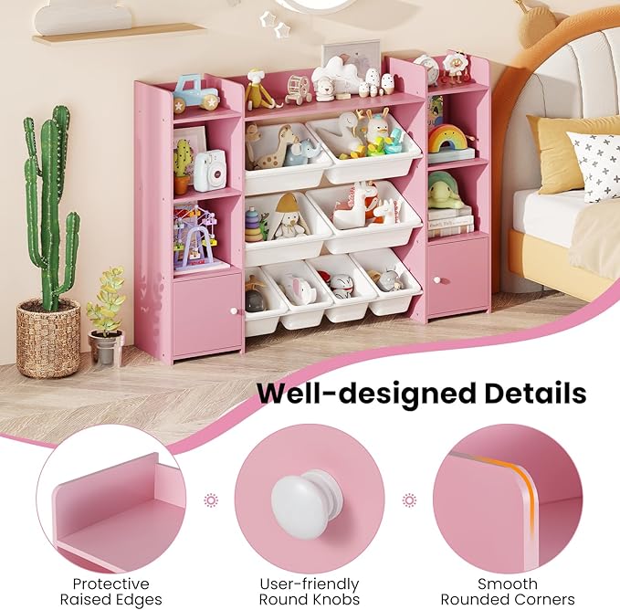 Costzon 56'' Kids Toy Storage Organizer with 8 Removable Bins, 4-Tier Toddler Bookshelf Cubbies, Preschool Children's Montessori Bookshelf w/6 Large Cabinet for Playroom, Daycare, Kids Room, Classroom