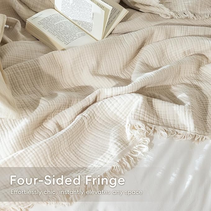 MooMee Muslin Blanket - 100% Cotton 4-Layer Gauze Throw Blanket with All-Around Fringe, Ultra-Soft Breathable Lightweight Cooling Decorative for Bed, Sofa & Couch (Beige, Queen 90" x 90")