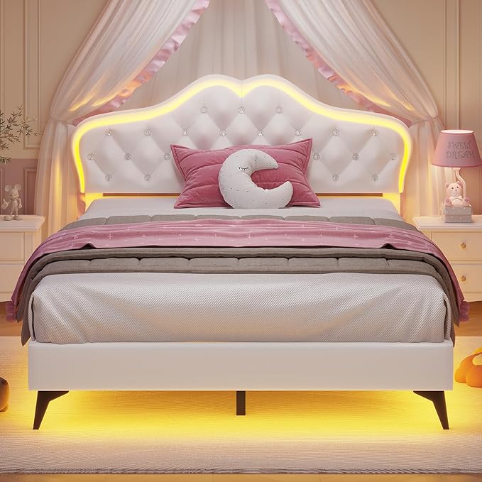 ADORNEVE Queen Bed Frame with RGB LED Lights, Princess Bed Frame with Adjustable Crystal Button Headboard, Velvet Upholstered Platform Bed for Girls, Solid Wooden Slats, Easy Assembly, Creamy White