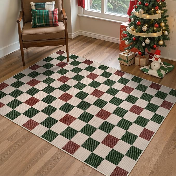 Machine Washable 5x7 Area Rugs for Living Room Christmas Clearance Checkered, Non Slip Low Pile Farmhouse Modern Neutral Playroom Boys Rugs for Bedroom, Carpet Rugs for Dining Room(Christmas,5'x7')