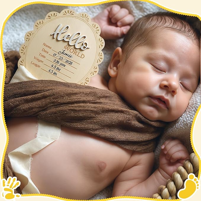Baby Announcement Sign 7 Inch Double Sided Wooden Hello World Newborn Engraved Sign with Organza Bag Marker Pen Ink Pad Ribbon Bow for Baby Shower Hand Footprints Photo Prop (White Bow)