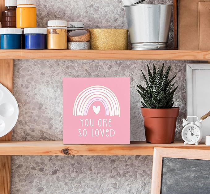 SRADMO You Are So Loved Rainbow Heart Wood Box Sign Desk Decor, Pink Kids Inspirational Quotes Wooden Block Box Sign Decoration for Kids Room Nursery Playroom Shelf Table Decorative Accessories