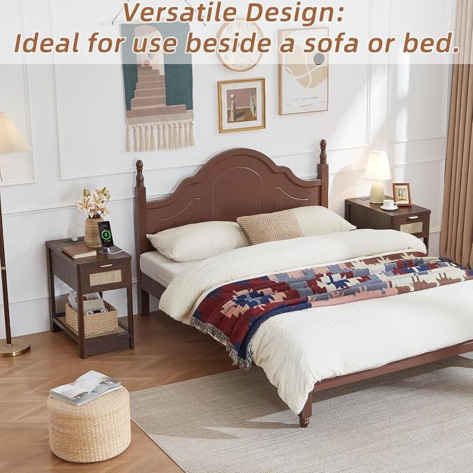 Lerliuo Narrow Night Stand with Charging Station, Boho Nightstand with Drawer, Bed Side End Table with Rattan Shelf for Small Spaces, Wood Nightstands Bedside Tables for Living Room Bedroom