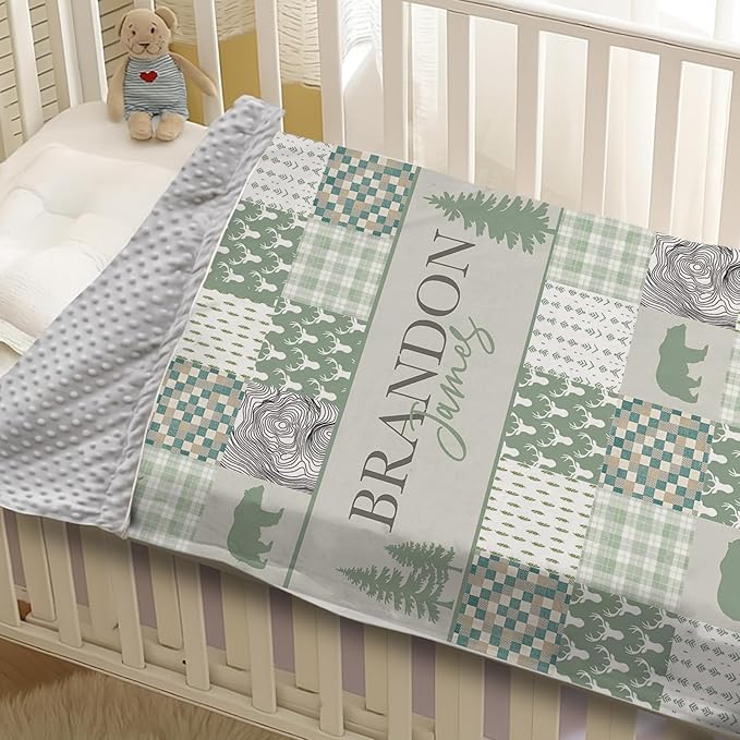 Personalized Rustic Woodland Baby Blanket - Custom Name Bear & Deer Design, Soft Blanket with Double Layer Dotted Backing for Infants Toddlers, Ideal Nursery Decor (60" x80)