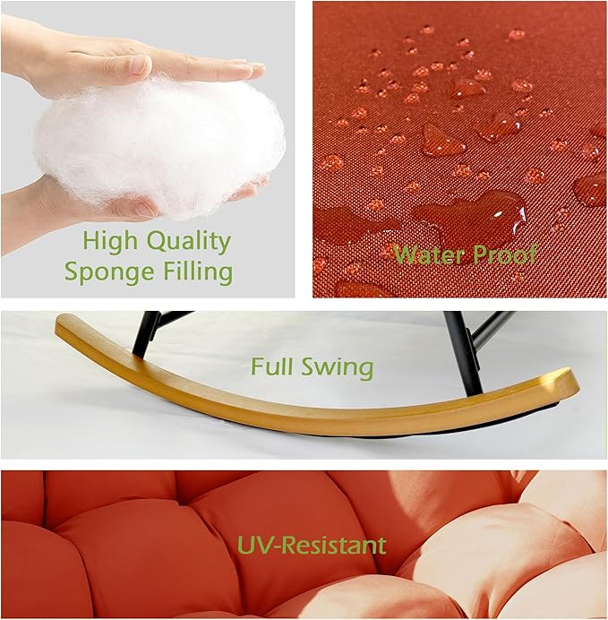 Double Papasan Rocking Chair Outdoor & Indoor, 660LBS Capacity Oversized Patio Rocking Chair for 2-Person with Thick Cushion and Frame, Egg Rocking Chair for Garden, Deck, Living Room, Red