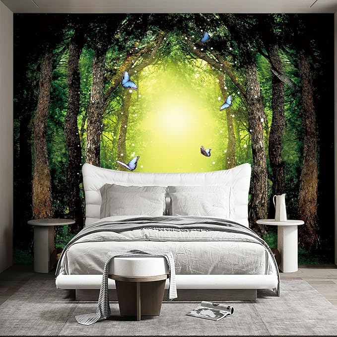 Classy Dream Butterfly Forest Tree Wallpaper for Bedroom Jungle Woodland Wall Mural Living Room Large Woods Adhesive Fabric decorr - 137"x96"（Not Peel and Stick）