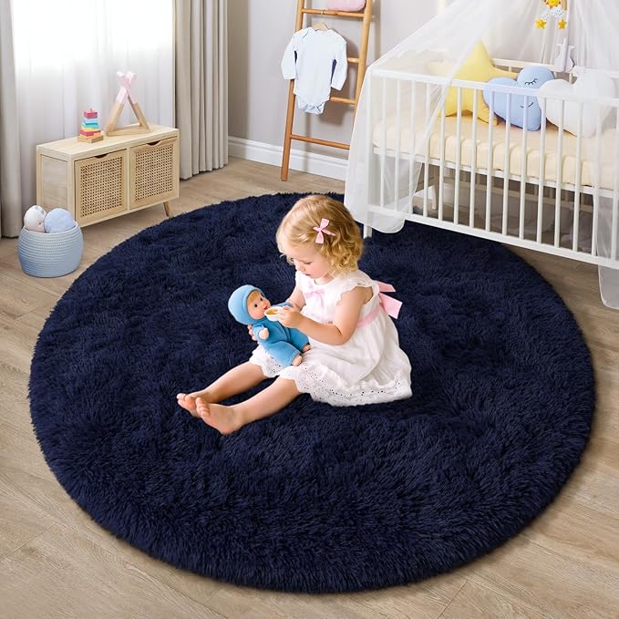 EVOIONOS Navy Blue Round Rug for Bedroom, 4x4 Ft Fluffy Soft Circle Area Rugs for Living Room, Plush Shaggy Circular Carpet for Indoor Floor Bedside Kids Nursery, Machine-Washable Home Decor Aesthetic