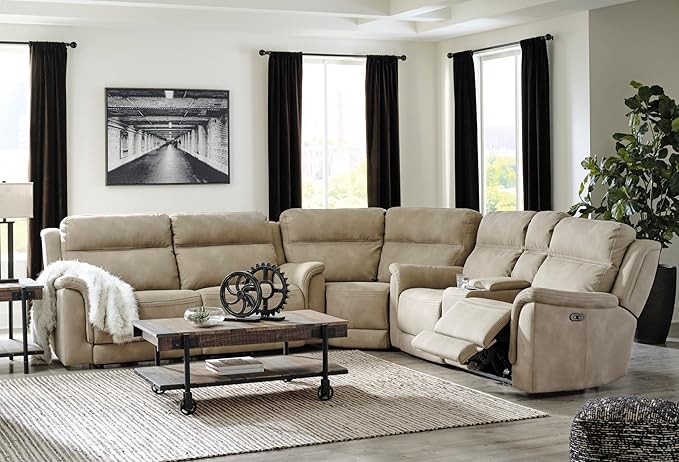 Signature Design by Ashley Next-Gen DuraPella Power Reclining Loveseat with Center Console and Adjustable Headrest, Beige