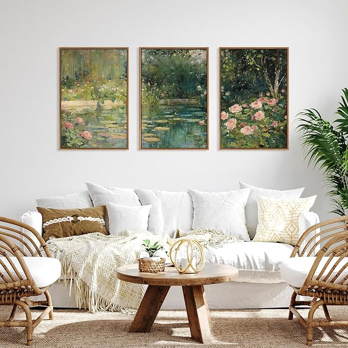 FWIEXA Monet Floral Framed Canvas Wall Art Set, Impressionist Botanical Garden Wall Decor, Vintage Ponds Tree Plant Artwork, Nature Landscape Prints for Living Room, Bedroom - Size 24"x36"x3