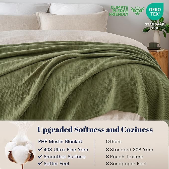 PHF 100% Cotton Muslin Blanket Queen Size 90"x90", 4-Layer Lightweight Gauze Throw, Breathable Cloud-Soft Minimalist Blanket for Bed, Couch, Camping & Baby, Olive Green, Ideal Gift