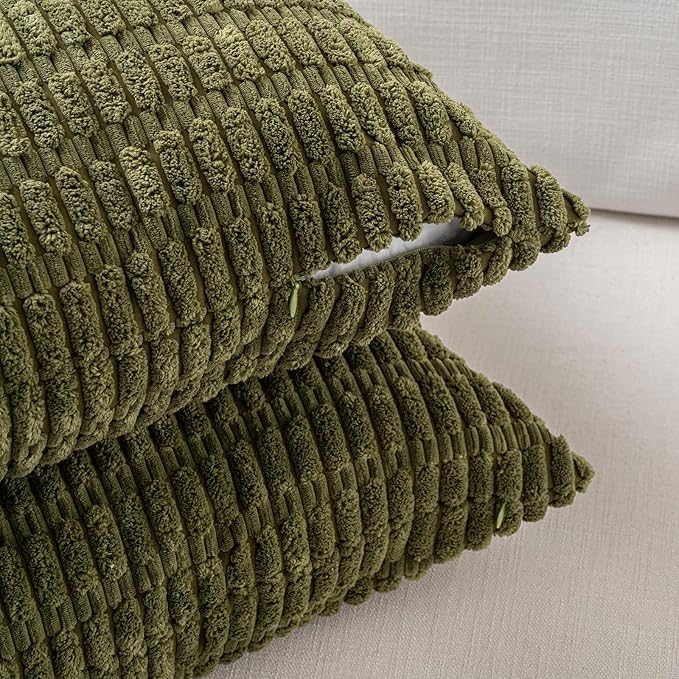 Fancy Homi 2 Packs Boho Moss Green Decorative Throw Pillow Covers 16x16 Inch for Couch Bed Sofa, Rustic Modern Farmhouse Home Decor, Soft Plush Corduroy Cute Square Cushion Case 40x40 cm