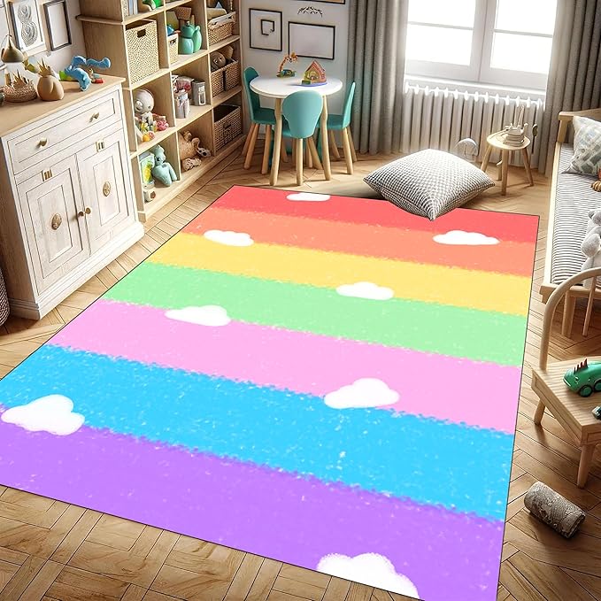 Soft Rainbow Area Rugs Girl's Bedroom Fluffy Colorful Rugs Cute Floor Mats Furry Children's Play Mats White Cloud Rainbow Prints Living Room Kids Room Nursery Home Decor 5x7ft