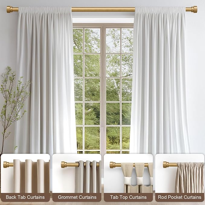 2 Pack Modern Gold Curtain Rods for Windows 66 to 120 Inches Adjustable Heavy Duty 1" Diameter Window Curtain Rod with Decorative Finials for Outdoor Bedroom Kitchen Living Room