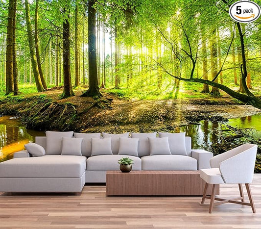 Wall Mural Fall Forest Stream Wallpaper Wall Decoration Print Picture Image Design for Bedroom, Living Room, Kids Room (Not Self-Adhesive)