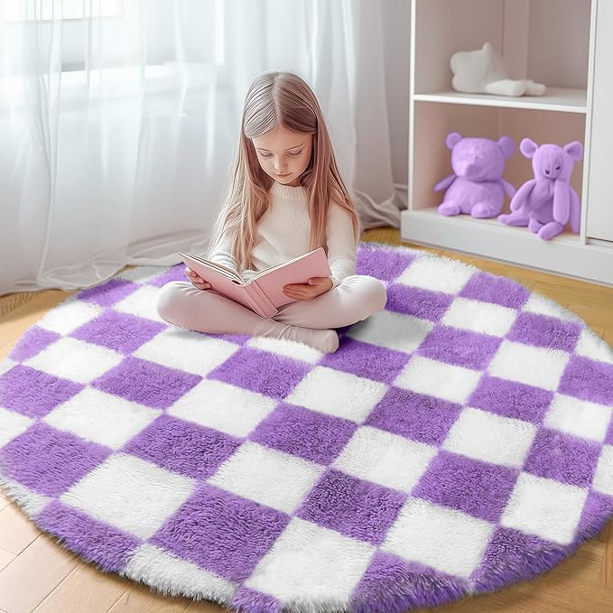 KICMOR Purple Round Rug 4ft for Girls Bedroom, Fluffy Soft Circle Area Rug Cute Small Living Room Carpet, Indoor Fuzzy Shag Shaggy Checkered Circular Rugs for Kids Room Nursery Home Decor Aesthetic