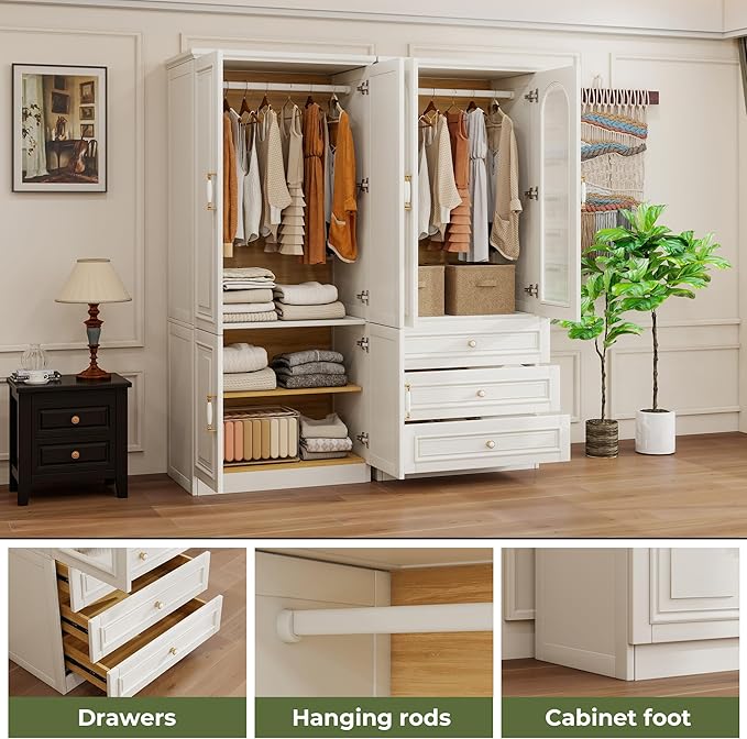 Solid Wood Wardrobe Closet:TemkTuek 70.87" Large Armoire Wardrobe Cabinet,Clothing Storage Cabinet with Doors,Shelves and Hanging Rails,Vintage Freestanding,Bedroom,White(18-19)