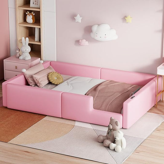 Twin Size Upholstered Platform Bed with Safety Guardrail, Montessori Kids Floor Bed, Child Grounded Bed with Charging Station and Sturdy Slats Support