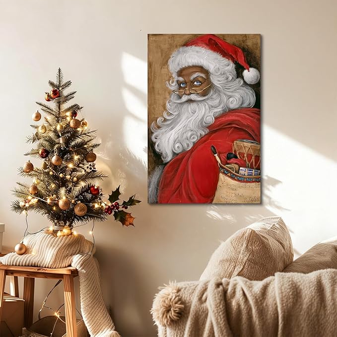 YONICA Christmas Canvas Wall Art Vintage Santa 24x36 Inch Retro Gift Bag with Toys - Large Framed Gallery Wrapped Traditional Decor