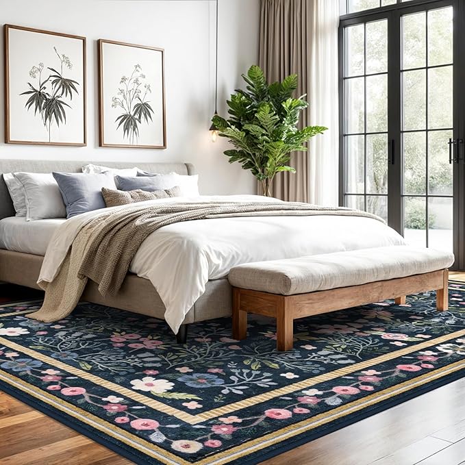 Area Rugs for Living Room 8x10, Washable Non-Slip Thin Floral Vintage Boho Rug for Bedroom Dining Room Office, Nursery Rug Indoor Lightweight Carpet, Blue/Multi