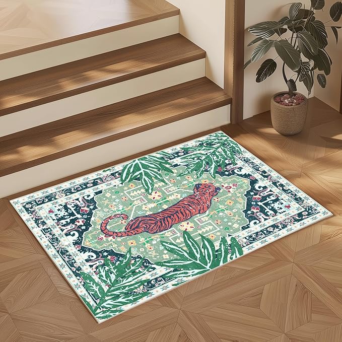 Door Mat Indoor Entrance 2x3 Rug Washable Non-Slip Green Tiger Rug for Bathroom Kitchen Entryway Animal Cheetah Print Jungle Rug Boho Vintage Soft Cozy Tropical Woodland Carpet