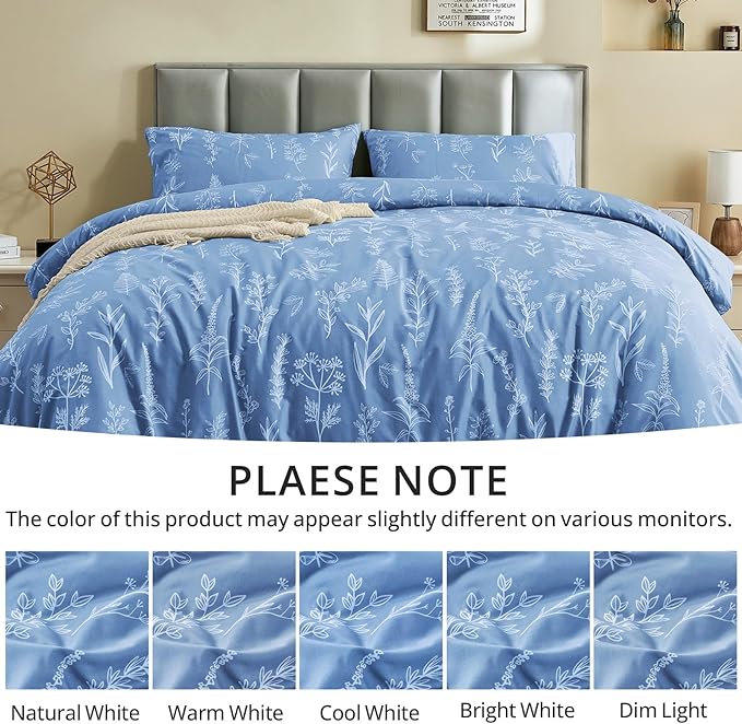 MUXHOMO Duvet Cover Queen Size, Reversible Floral Ice Blue Duvet Cover Set with Zipper Closure, 3 Pieces Botanical Patterns Soft Microfiber Bedding Set with 4 Ties (90"x90", 2 Pillow Cases)