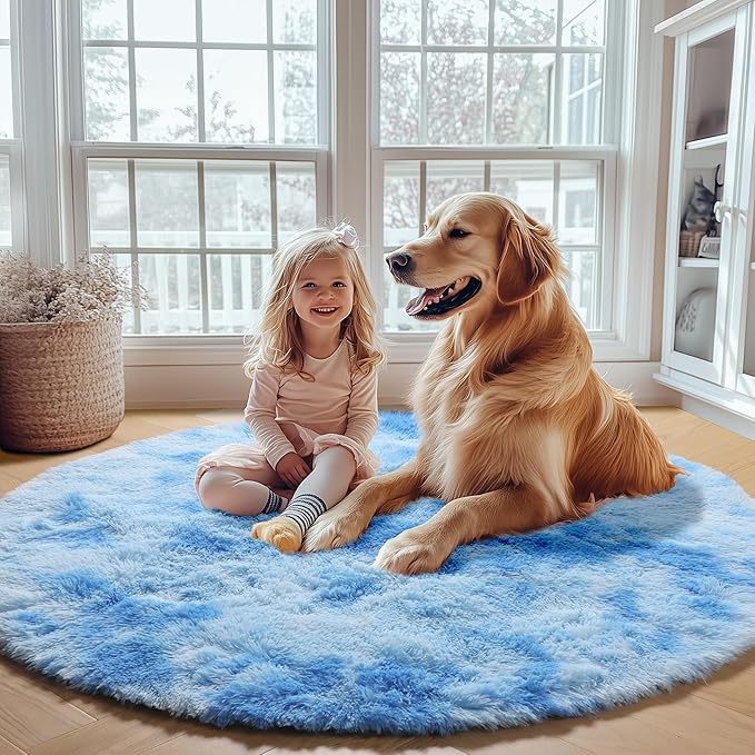ONASAR Tie-Dye Blue Round Area Rug 4x4, Soft Bedroom Circle Rugs Floor Mats for Kids Girls Teen Room, Kawaii Fluffy Plush Shaggy Carpet for Baby Nursery Living Room Playroom Home Decor