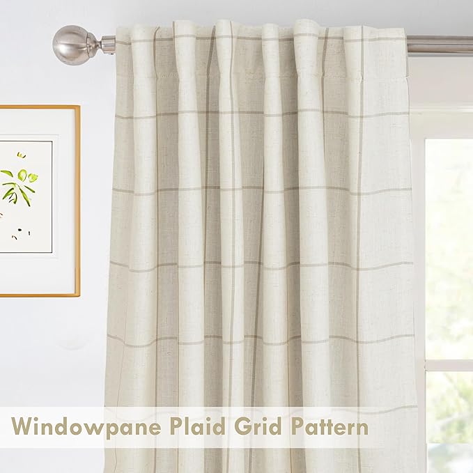 DriftAway 2 Panels 100% Blackout Windowpane Plaid Linen Curtains Double Layer Drapes for Bedroom 102 Inches Long Farmhouse Thermal Insulated 3.25 Inch Rod Pocket Back Tab for Living Room Taupe