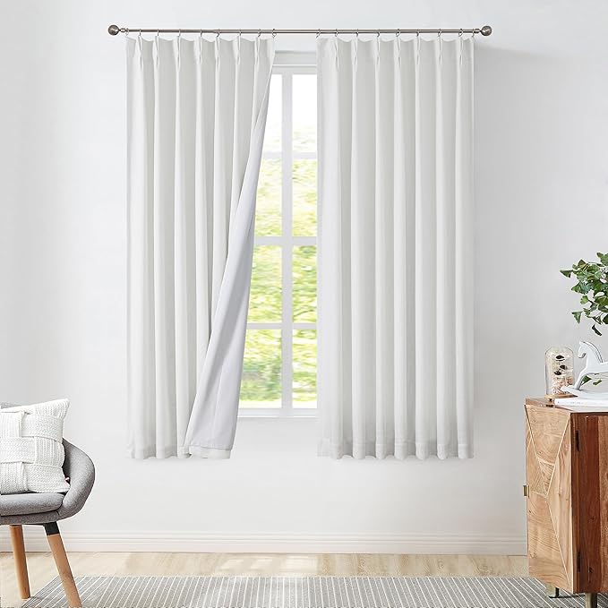 Pinch Pleated Blackout Curtain Panels with Full Blackout Liner Linen Texture Window Treatment Sets with Back Tab for Living Room Bedroom Thermal Insulated Drape with 9 Hooks, 40"x72"x2, White