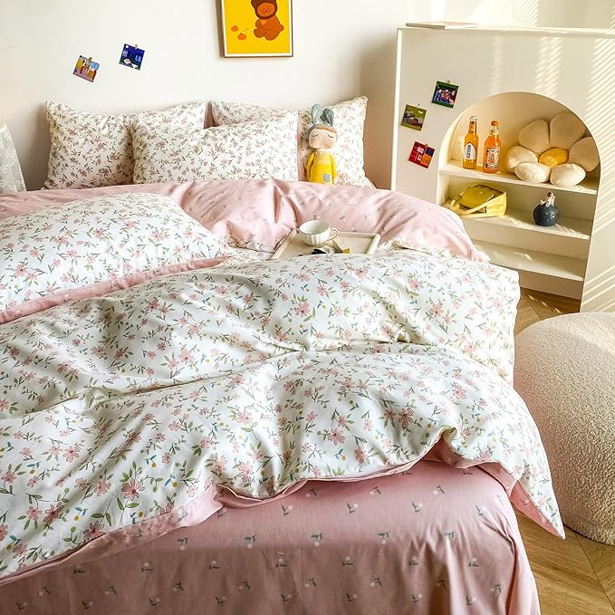 HighBuy Soft Cotton White Duvet Cover King Size Pink Floral Coquette Bedding Set King Chic Vintage Flower Comforter Cover Quilt Cover with 2 Pillowcases,Boho,King