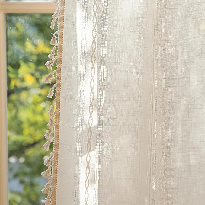Deeprove Cream White Boho Curtain 84 inches Length for Living Room Bedroom Nursery Doorway, Cream Bohemian 84 inches Long, Chic Stripe Embroidery Privacy Window Fringe Decor W52 x L84, 1 Panel