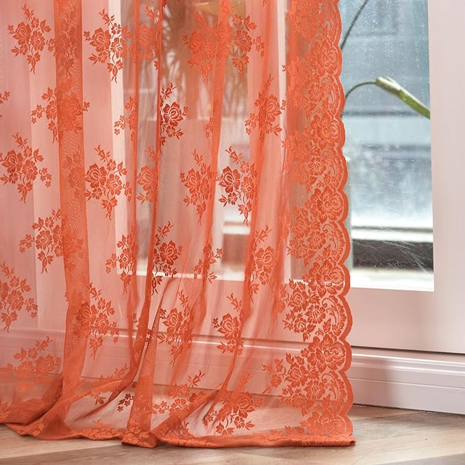 Kotile Burnt Orange Sheer Curtains 54 Inch Length, Country Rustic Floral Fall Curtains for Bedroom, Rod Pocket Privacy Window Sheer Lace Curtain, 52 x 54 Inch, 2 Panels, Orange