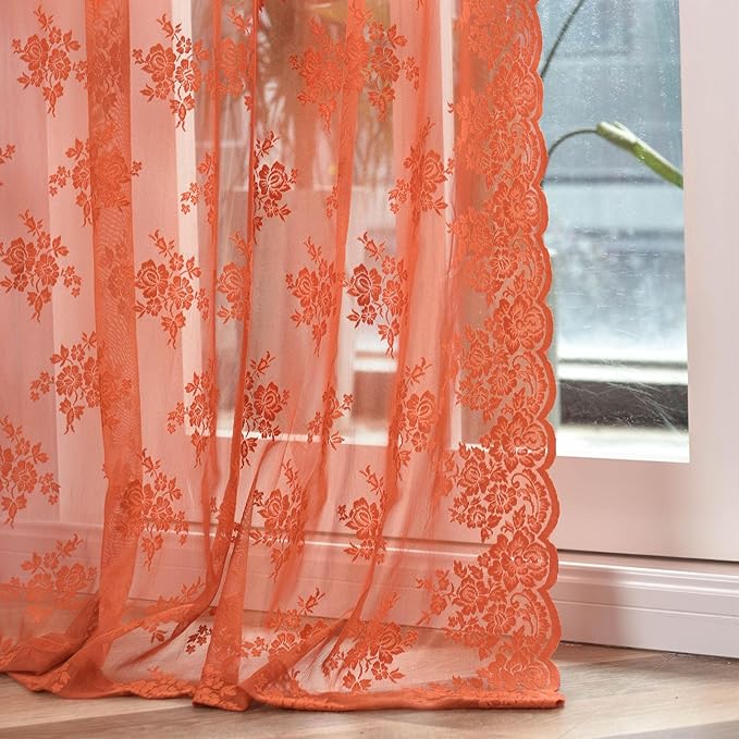 Kotile Extra Long Orange Sheer Curtains, Country Rustic Floral Rust Sheer Curtains 120 Inches Long for Living Room, Rod Pocket Privacy Vintage Lace Curtains, 52 x 120 Inch, 2 Panels, Burnt Orange