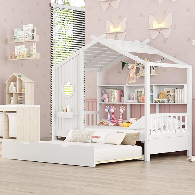 Bellemave Twin Size House Bed with Trundle for Kids,Twin Kids Bed Frame with Storage Shelves,Solid Wood House Bed Frame for Girls,Boys,Can be Decorated,White