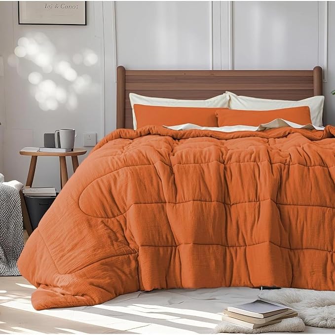 Simple&Opulence 100% Cotton Muslin Comforter Set King Size, 3PCS Washed Cotton Gauze Comforter, Soft Lightweight All Seasons Bedding Sets with 2 Pillow Shams(Burnt Orange,King)