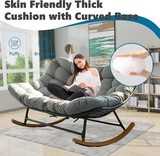 Double Papasan Rocking Chair Outdoor & Indoor, Oversized Rocking Reclining Loveseat with Thick Cushion and Frame, 660LBS Capacity Rocking Egg Chair for Patio Porch Living Room, Gray