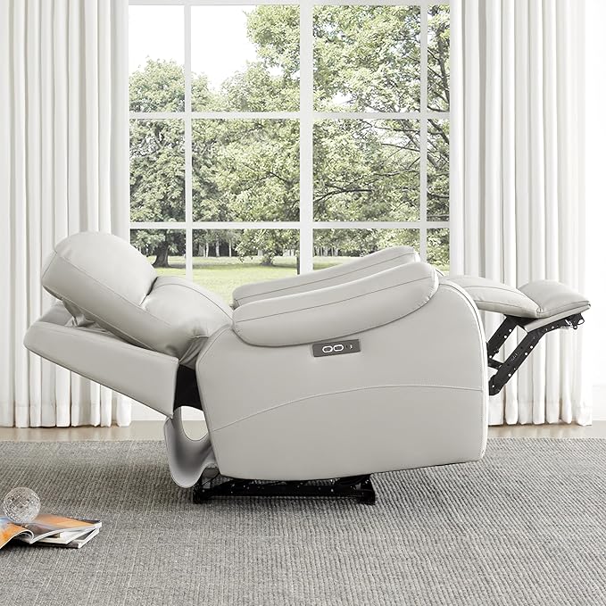 CHITA Large Power Zero Gravity Recliner Chair, Genuine Leather Recliner Chair for Adults with Adjustable Power Headrest and Hidden Slide-Out Cupholders, USB and Type-C Ports, Creamy Grey