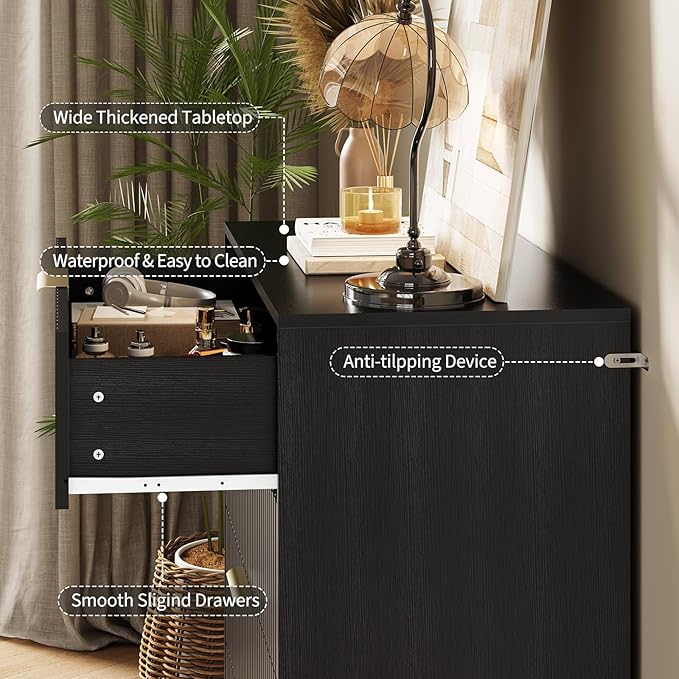 Garvee Fluted Dresser for Bedroom with 4 Drawers,32" Wide Modern Chest of Wooden Bedroom Chest with Metal Handle,Wide Clothes Storage Organizer,Closet Dresser & TV Stand for Living Room,Hallway,Black