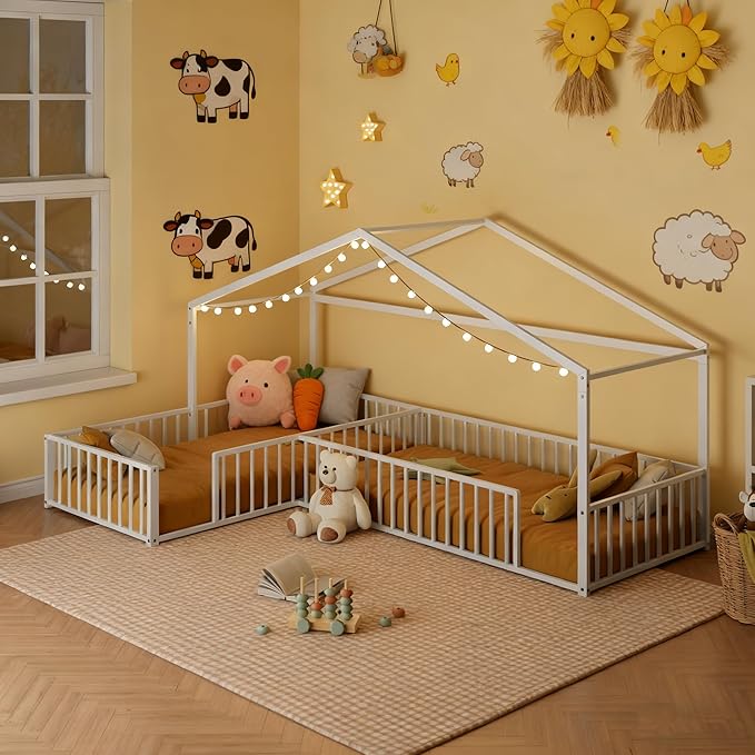Double Twin Size L-Shaped Floor Bed,Metal Corner House Bed Frame with Fence,House-Style Floor Bed for 2 Kids,Without Slats,White