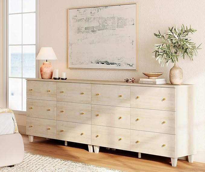 WAMPAT 12 Drawer Wood Dresser for Bedroom, 2-in-1 Extra Wide Chest of Drawers, Modern Storage Organizer Units with Solid Wood Legs for Closet, Living Room, Kids Room, Nursery, Light Oak, 94.4"