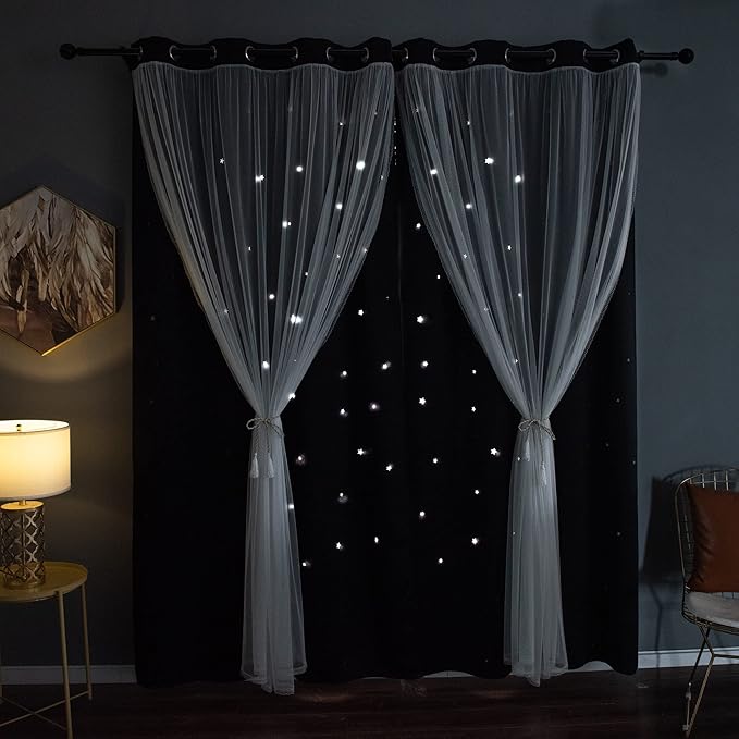 Kinryb Black Star Cutout Blackout 84 Inches Curtains Double Layer with Sheer Overly Curtains for Bedroom Thermal Insulated Window Treatment Set with 2 Free Tiebacks (52W x 84L 2 Panels Black)