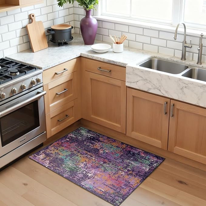 Washable Area Rugs 2'x3' Non-Slip Modern Abstract Soft for Living Room Entryway Bedroom Nursery, Print Pattern, Purple Orange Blue Green Rust Red Colorful