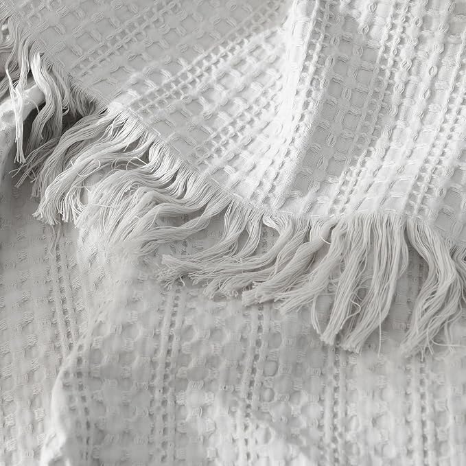 100% Cotton Waffle King Blanket with Fringe 104"x90", Pre-Washed Waffle Weave Blanket for All Season, Lightweight Breathable Soft Cozy Throw Blanket for Couch, Bed, Travel (Light Grey)