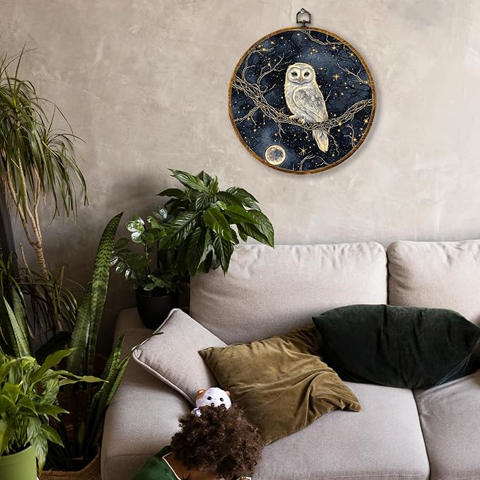 Hiuwevt Gothic Moonlight Owl Round Wall Art Decor, Enchanted Forest Owl Framed Canvas Prints, Dark Academia Star Sky Animal Round Wall Hanging Decor for Office Home Decorations, 10x10 Inches