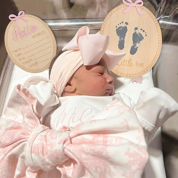 2pcs Wooden Bow Hello World/Footprint Sign - Bow Baby Girl Announcement Sign,Hello World Baby Girl Hospital Sign with Bow (Bow-2)