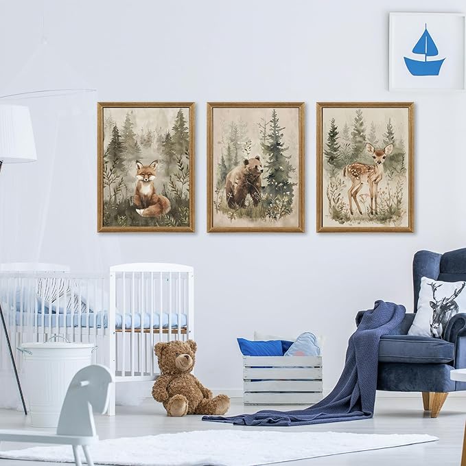 ICHZUMW Woodland Nursery Decor Wall Art Set of 3, Cute Forest Animals Canvas Prints Bear Fox Deer Pictures, Nature Watercolor Paintings for Baby Room Kids Bedroom Playroom, Neutral Artwork, 16x24in
