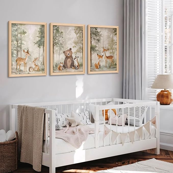 Framed Woodland Wall Art Set of 3, Wild Animals Nursery Wall Decor, Cute Bear Fox Deer Watercolor Canvas, Forest Animal Pictures Print for Baby Room Decor Home Decoration – 12X16 inch