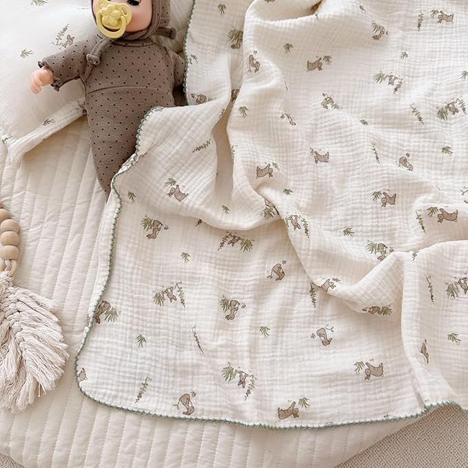 BuLuTu Gray Rabbit Pattern Cotton Muslin Toddler Blanket Large Crib Quilt Soft Breathable Toddler Bed Blankets Baby Boys Girls Swaddle Blankets, All Seasons, 47"x51"