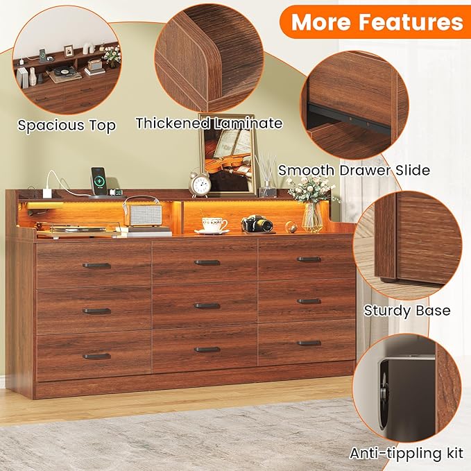 Bigbiglife 9 Drawer Dresser with Built in Power Outlet and LED Light, Modern Chest of Drawers for Bedroom, Triple Wide Drawer Organizer Cabinet for Living Room, Entryway, Hallway, Walnut Brown